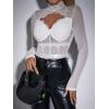 imageSHENHE Womens Stand Collar Contrast Lace Long Sleeve Cut Out Mesh BodysuitWhite