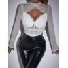 imageSHENHE Womens Stand Collar Contrast Lace Long Sleeve Cut Out Mesh BodysuitWhite