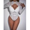 imageSHENHE Womens Stand Collar Contrast Lace Long Sleeve Cut Out Mesh BodysuitWhite