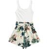 imageSHENHE Womens Summer Sleeveless Notched Neck Tropical Print Belted Shorts Tank Romper JumpsuitsA White Green