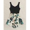 imageSHENHE Womens Summer Sleeveless Notched Neck Tropical Print Belted Shorts Tank Romper JumpsuitsBlack