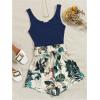 imageSHENHE Womens Summer Sleeveless Notched Neck Tropical Print Belted Shorts Tank Romper JumpsuitsDeep Blue