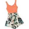 imageSHENHE Womens Summer Sleeveless Notched Neck Tropical Print Belted Shorts Tank Romper JumpsuitsOrange Tropical Print