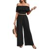 imageSHENHE Womens 2 Piece Outfits Ruffle Off Shoulder Crop Top and Wide Leg Flowy Pants SetBlack