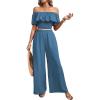 imageSHENHE Womens 2 Piece Outfits Ruffle Off Shoulder Crop Top and Wide Leg Flowy Pants SetBlue