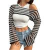 imageSHENHE Womens Crochet Hollow Out Rainbow Striped Color Block Sheer Super Cropped SweaterBlack and White