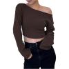 imageSHENHE Womens Off The Shoulder Long Sleeve Plain T Shirt Basic Cropped Tee Casual TopBrown