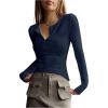imageSHENHE Womens Ribbed Long Sleeve Henley T Shirts Button Down Slim Fit Basic Tee TopDeep Blue