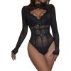 imageSHENHE Womens Stand Collar Contrast Lace Long Sleeve Cut Out Mesh BodysuitBlack
