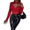 imageSHENHE Womens Stand Collar Contrast Lace Long Sleeve Cut Out Mesh BodysuitRed