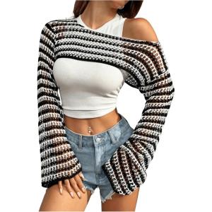 imageSHENHE Womens Crochet Hollow Out Rainbow Striped Color Block Sheer Super Cropped SweaterBlack and White