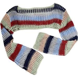 imageSHENHE Womens Crochet Hollow Out Rainbow Striped Color Block Sheer Super Cropped SweaterMulticolor Green Blue
