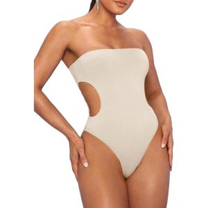 imageSHENHE Womens Cut Out Strapless Bodycon Sexy Tube Top Skinny Bodysuit LeotardApricot