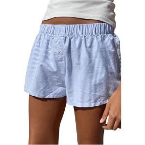 imageSHENHE Womens Elastic Waist Button Up Low Rise Striped Shorts Y2k Boxer Shorts Beach ShortsBlue and White