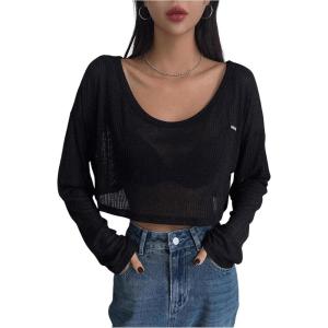 imageSHENHE Womens Loose Boat Neck Sheer Long Sleeve Tee Crop Going Out T Shirt TopsBlack