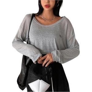 imageSHENHE Womens Loose Boat Neck Sheer Long Sleeve Tee Crop Going Out T Shirt TopsGrey