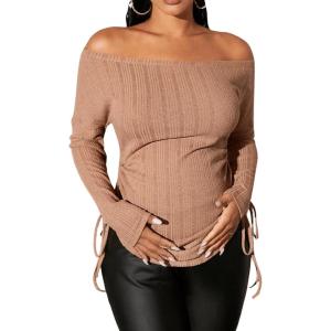 imageSHENHE Womens Maternity Off The Shoulder Tops Long Sleeve Knit Top Tie Side Ruched Fall Fashion Breastfeeding ClothesApricot