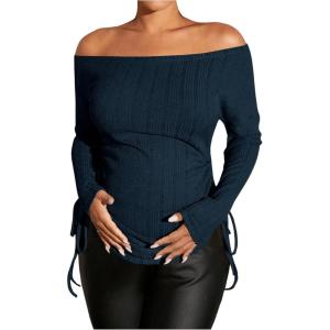 imageSHENHE Womens Maternity Off The Shoulder Tops Long Sleeve Knit Top Tie Side Ruched Fall Fashion Breastfeeding ClothesDeep Blue
