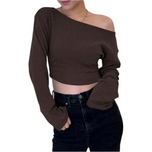 imageSHENHE Womens Off The Shoulder Long Sleeve Plain T Shirt Basic Cropped Tee Casual TopBrown