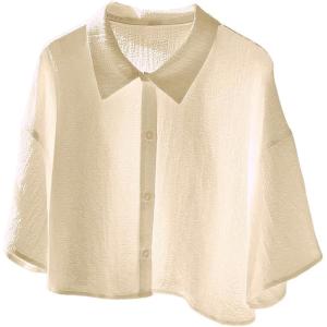 imageSHENHE Womens Oversized Button Down Short Sleeve Shirt Textured Collared Crop Top BlouseApricot