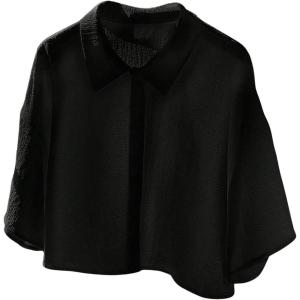 imageSHENHE Womens Oversized Button Down Short Sleeve Shirt Textured Collared Crop Top BlouseBlack