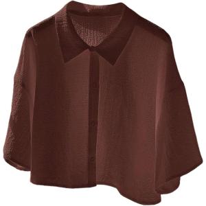 imageSHENHE Womens Oversized Button Down Short Sleeve Shirt Textured Collared Crop Top BlouseBrown