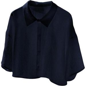 imageSHENHE Womens Oversized Button Down Short Sleeve Shirt Textured Collared Crop Top BlouseDark Blue
