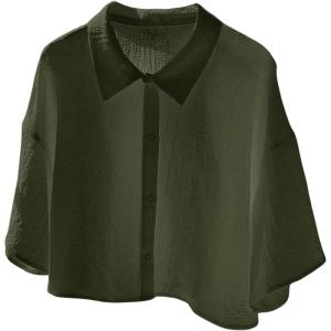 imageSHENHE Womens Oversized Button Down Short Sleeve Shirt Textured Collared Crop Top BlouseDark Green