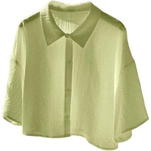 imageSHENHE Womens Oversized Button Down Short Sleeve Shirt Textured Collared Crop Top BlouseLime Green