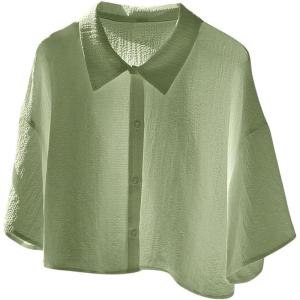 imageSHENHE Womens Oversized Button Down Short Sleeve Shirt Textured Collared Crop Top BlouseOlive Green