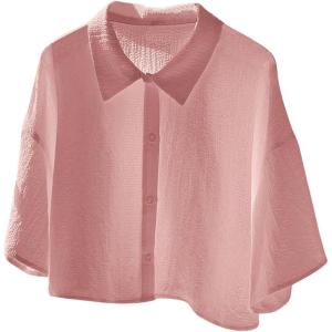 imageSHENHE Womens Oversized Button Down Short Sleeve Shirt Textured Collared Crop Top BlousePink