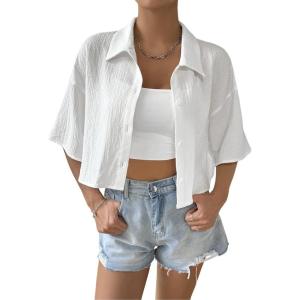 imageSHENHE Womens Oversized Button Down Short Sleeve Shirt Textured Collared Crop Top BlouseWhite
