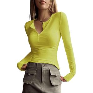 imageSHENHE Womens Ribbed Long Sleeve Henley T Shirts Button Down Slim Fit Basic Tee TopBright Yellow