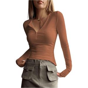 imageSHENHE Womens Ribbed Long Sleeve Henley T Shirts Button Down Slim Fit Basic Tee TopCaramel Brown