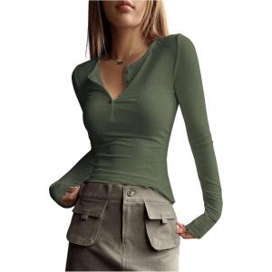 imageSHENHE Womens Ribbed Long Sleeve Henley T Shirts Button Down Slim Fit Basic Tee TopDark Green