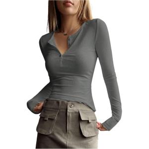 imageSHENHE Womens Ribbed Long Sleeve Henley T Shirts Button Down Slim Fit Basic Tee TopDark Grey