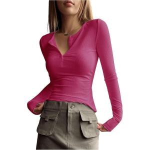 imageSHENHE Womens Ribbed Long Sleeve Henley T Shirts Button Down Slim Fit Basic Tee TopHot Pink
