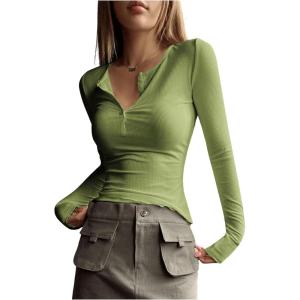imageSHENHE Womens Ribbed Long Sleeve Henley T Shirts Button Down Slim Fit Basic Tee TopLight Green