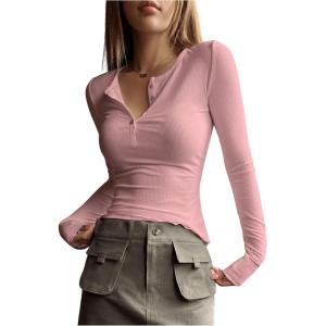 imageSHENHE Womens Ribbed Long Sleeve Henley T Shirts Button Down Slim Fit Basic Tee TopLight Pink