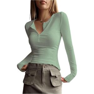 imageSHENHE Womens Ribbed Long Sleeve Henley T Shirts Button Down Slim Fit Basic Tee TopMint Green