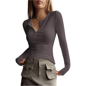 imageSHENHE Womens Ribbed Long Sleeve Henley T Shirts Button Down Slim Fit Basic Tee TopMocha Brown