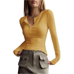 imageSHENHE Womens Ribbed Long Sleeve Henley T Shirts Button Down Slim Fit Basic Tee TopMustard Yellow