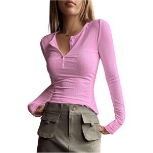 imageSHENHE Womens Ribbed Long Sleeve Henley T Shirts Button Down Slim Fit Basic Tee TopPink