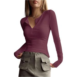 imageSHENHE Womens Ribbed Long Sleeve Henley T Shirts Button Down Slim Fit Basic Tee TopPlum Purple
