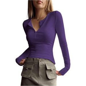 imageSHENHE Womens Ribbed Long Sleeve Henley T Shirts Button Down Slim Fit Basic Tee TopPurple