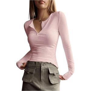 imageSHENHE Womens Ribbed Long Sleeve Henley T Shirts Button Down Slim Fit Basic Tee TopSoft Pink