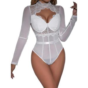 imageSHENHE Womens Stand Collar Contrast Lace Long Sleeve Cut Out Mesh BodysuitWhite