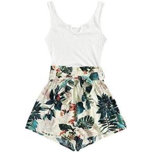 imageSHENHE Womens Summer Sleeveless Notched Neck Tropical Print Belted Shorts Tank Romper JumpsuitsA White Green