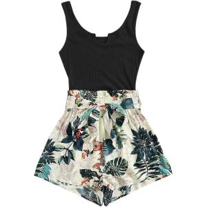 imageSHENHE Womens Summer Sleeveless Notched Neck Tropical Print Belted Shorts Tank Romper JumpsuitsBlack