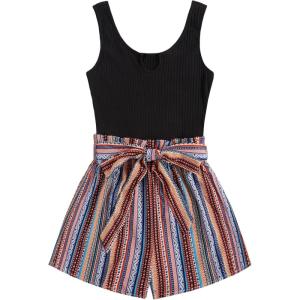imageSHENHE Womens Summer Sleeveless Notched Neck Tropical Print Belted Shorts Tank Romper JumpsuitsBlack Geo Print